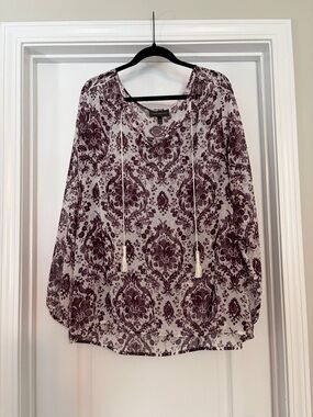 Cream Blouse with Burgundy Medallion Print and Tassel Tie